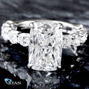 6.74ctw Elongated Cushion Center with Hidden Diamond Halo Large Round Scallop Shoulders Ring 14K White Gold