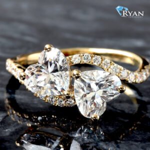 2.25ctw Double Heart Cut Solitaire Pavé Crossover Ring 10K Yellow Gold
