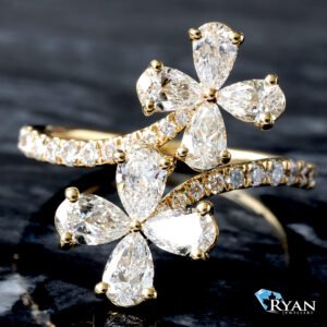 1.75ctw Pear Cut Diamond Double Flower Pavé Setting Crossover Ring 10K Yellow Gold