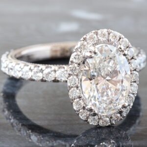 2.96ctw Oval Diamond Solitaire with Halo and Pavé Shoulders Ribbed Profile with Gypsy Ring 14K White Gold