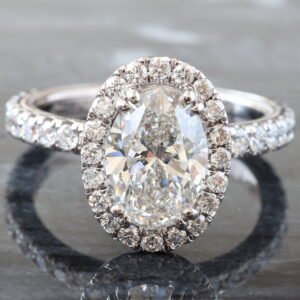 2.96ctw Oval Diamond Solitaire with Halo and Pavé Shoulders Ribbed Profile with Gypsy Ring 14K White Gold