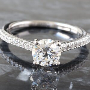 1.23ctw Round Brilliant Center with Shared Prong Upswept Diamond Shoulders and Bezel Accented Profile Bridge Ring 18K White Gold
