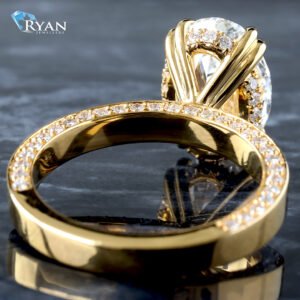 4.59ctw Oval Diamond Solitaire with Hidden Halo on High Polished Cigar Band and Pavé Diamond Side Profile Setting 14K Yellow Gold
