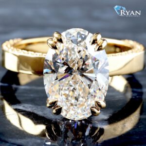 4.59ctw Oval Diamond Solitaire with Hidden Halo on High Polished Cigar Band and Pavé Diamond Side Profile Setting 14K Yellow Gold