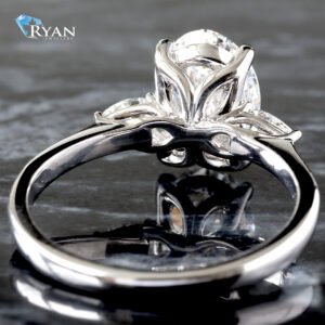 2.17ctw Oval Diamond Solitaire Floral Basket with Pear Cut Sides High Polished Shoulders Ring 14K White Gold