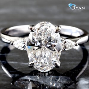 2.17ctw Oval Diamond Solitaire Floral Basket with Pear Cut Sides High Polished Shoulders Ring 14K White Gold