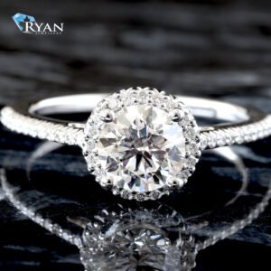 1.20ctw Round Brilliant Center with Round Halo and Dainty Shared Prong Shoulders Ring 18K White Gold