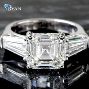 5.99ctw Asscher Diamond Solitaire with Tapered Baguette Shoulders Three Stone Ring 14K White Gold