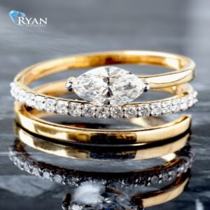 0.67ctw Tension Set Marquise High Polished and Diamond Pavé Open Three Row Band Center 14K Yellow Gold