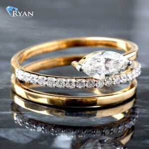 0.67ctw Tension Set Marquise High Polished and Diamond Pavé Open Three Row Band Center 14K Yellow Gold