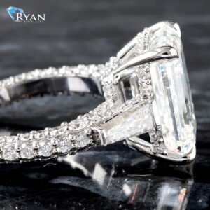 10.02ctw Emerald Cut with Tapered Baguette Sides and Full Diamond Pavé 3/4 Shank Ring 14K White Gold