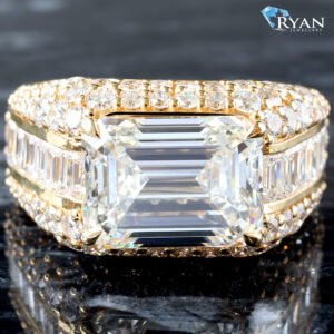 10.90ctw Horizontal Emerald Center with Channel Emerald Sides and Round Diamond Square Dome Pavé Ring 10K Yellow Gold