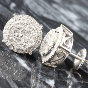 LAB EARRING GW 10K 0.90CTW LARGE ROUND TWO TIER IMPERIAL CENTER WITH HALO FILIGREE BASKET STUDS