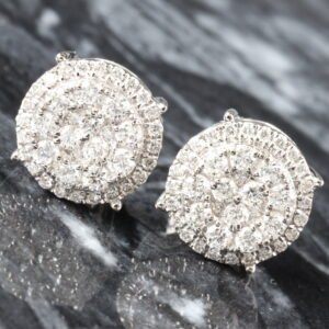 LAB EARRING GW 10K 0.90CTW LARGE ROUND TWO TIER IMPERIAL CENTER WITH HALO FILIGREE BASKET STUDS