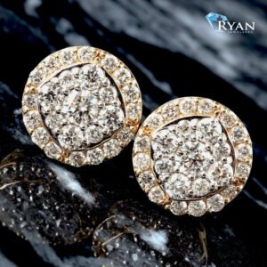 LAB EARRING GY 10K 1.10CTW  FLAT ROUND IMPERIAL CENTER WITH HALO FILIGREE BASKET STUDS