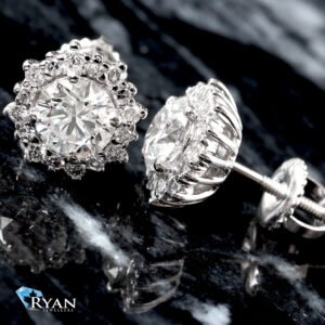 LAB EARRING GW 10K 1.30CTW ROUND SOLITAIRE WITH THREE PRONG DIAMOND HALO STUDS