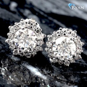 LAB EARRING GW 10K 1.30CTW ROUND SOLITAIRE WITH THREE PRONG DIAMOND HALO STUDS