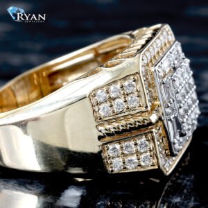 1.25ctw Three Tier Square Center with Alternating Round Baguette Halo Sunken Diamond Border Rope Accent Shoulder Ring 10K Yellow Gold