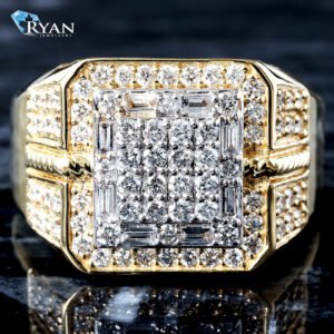 1.25ctw Three Tier Square Center with Alternating Round Baguette Halo Sunken Diamond Border Rope Accent Shoulder Ring 10K Yellow Gold