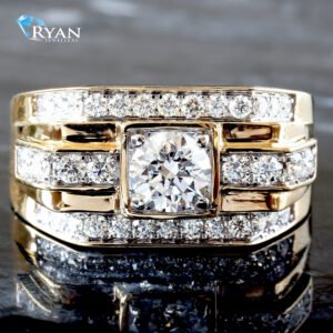 1.50ctw Round Diamond Solitaire Rectangle Forefront Three Row Raised Center Ring 10K Yellow Gold