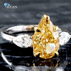 4.68ctw Fancy Yellow Pear Cut Solitaire with Two Pear Cut Diamonds East to West Set on Shoulders Ring 14K White Gold & Yellow Gold