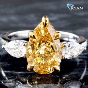 4.68ctw Fancy Yellow Pear Cut Solitaire with Two Pear Cut Diamonds East to West Set on Shoulders Ring 14K White Gold & Yellow Gold