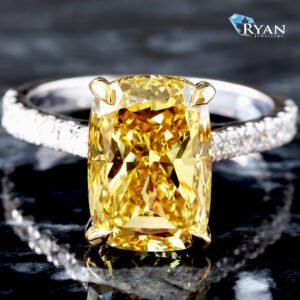 5.60ctw Fancy Yellow Elongated Cushion Solitaire with Hidden Halo and Upswept Diamond Pavé Shoulders Ring 14K White Gold & Yellow Gold