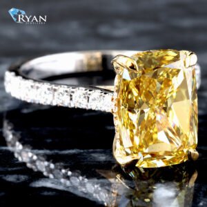 5.60ctw Fancy Yellow Elongated Cushion Solitaire with Hidden Halo and Upswept Diamond Pavé Shoulders Ring 14K White Gold & Yellow Gold