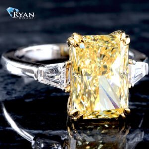5.54ctw Fancy Yellow Radiant Solitaire with Two Tapered Baguette High Polished Shank Ring 14K White Gold & Yellow Gold