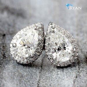 LAB EARRING GW 10K 1.00CTW PEAR SOLITAIRE WITH HALO STUDS