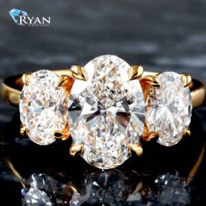 3.39ctw Oval Past Present Future Three Stone High Polished Cathedral Shoulders Ring 14K Yellow Gold