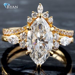 3.12ctw Marquise Diamond Center with Three Stone Round Marquise Sides High Polished Shoulders with Contour Diamond Band 14K Yellow Gold