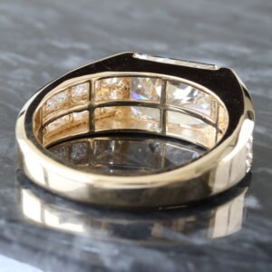 5.62ct East-West Bezel Radiant with Tapered Invisible Set Two Row Princess Shoulders Ring 10K Yellow Gold