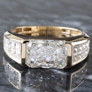 5.62ct East-West Bezel Radiant with Tapered Invisible Set Two Row Princess Shoulders Ring 10K Yellow Gold