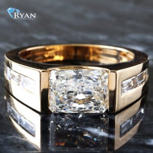 4.12CTW LAB East West Half Bezel Radiant With 3 Baguette Bezel Set Sides,10K Yellow Gold