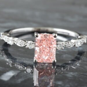 1.25ctw Pink Radiant Center with Four Prong Round and Double Round Marquise Shape Shoulders Ring 14K White Gold