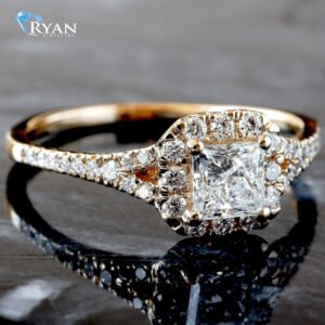 0.75ctw Princess Diamond Center with Halo and Split Pavé Shoulder Ring 14K Yellow Gold