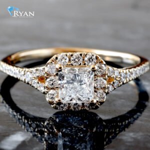 0.75ctw Princess Diamond Center with Halo and Split Pavé Shoulder Ring 14K Yellow Gold