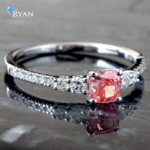 0.75ctw Pink Cushion Center with Graduated Round Shoulders Ring 14K White Gold