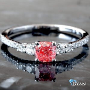 0.75ctw Pink Cushion Center with Graduated Round Shoulders Ring 14K White Gold
