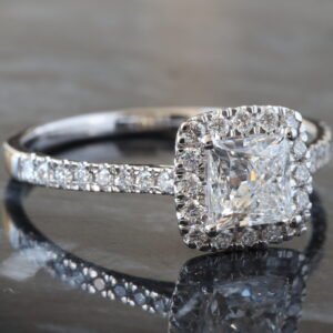 1.00ctw Princess Diamond Center with Pavé Halo and Shoulders Ring 14K White Gold