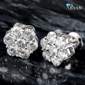 LAB EARRING GW 14K 2.00CTW FLOWER CLUSTER STUD SEVEN STONE VS D/E SK   SCREW BACKING