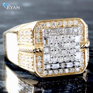 LAB RING GYW 10K 1.25CTW DIAMOND SQUARE CENTER BAGUETTE AND ROUND RECESSED SQUARE PAVE WITH PAVE SHOULDERS AND ROPE DESIGN SIDES