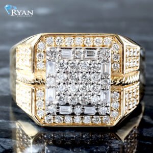 LAB RING GYW 10K 1.25CTW DIAMOND SQUARE CENTER BAGUETTE AND ROUND RECESSED SQUARE PAVE WITH PAVE SHOULDERS AND ROPE DESIGN SIDES