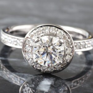 LAB RING GW 18K 1.25CTW ROUND BRILLIANT CENTER WITH ROUND HALO AND SHARED PRONG CHANNEL SHOULDERS