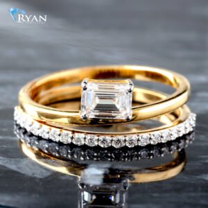 LAB RING GY 14K 0.74CTW EMERALD CUT CENTER WITH OFF SET HP & DIAMOND BANDS