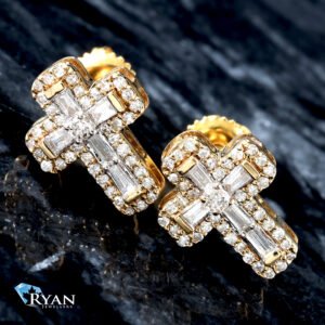 EARRING GY 10K 0.40CTW NATURAL CROSS STUD BAGUETTE CENTER WITH ROUND BORDER