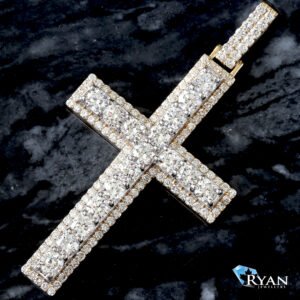 LAB PENDANT GYW 10K 4.05CTW 2 TONE TWO TIER BLOCK CROSS WITH LARGE ROUND CENTER ROW AND DIAMOND BORDER + TWO ROW BAIL