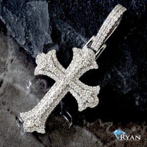 PENDANT GW 10K 0.90CTW NATURAL TWO TIER PAVE MEDIEVAL CROSS WITH DIAMOND BAIL