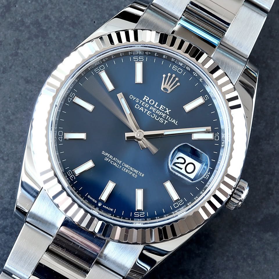 Rolex Datejust 41 Blue Stick Dial 18K White Gold Fluted Bezel Oyster Steel Bracelet Watch